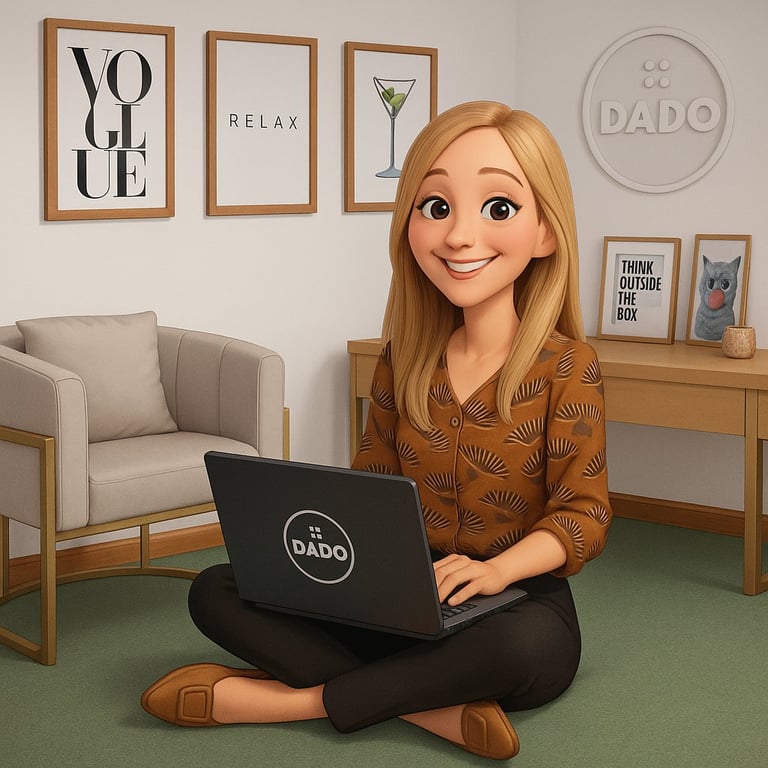 Animated woman with orange hair sitting cross-legged on green floor working on laptop in modern office space