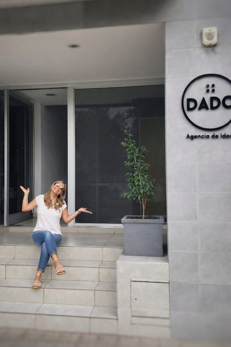 Woman sitting on storefront steps wearing white shirt and jeans, gesturing expressively in front of DADO agency storefront with circular logo