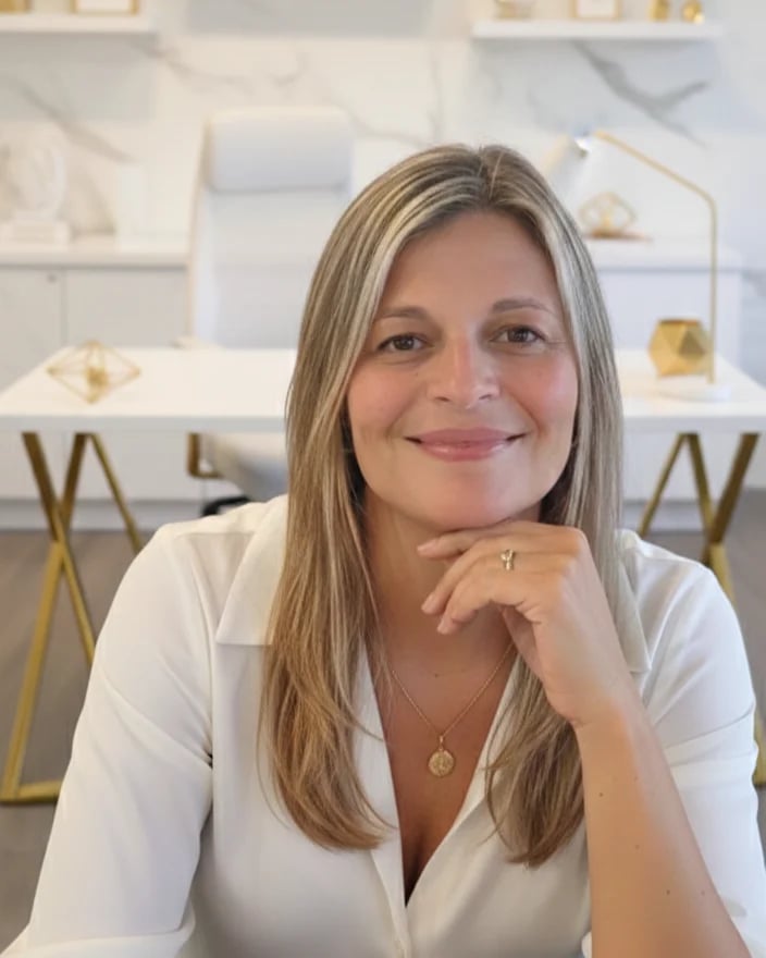 Woman with long brown hair wearing a white shirt, smiling with hand near chin in a bright jewelry store