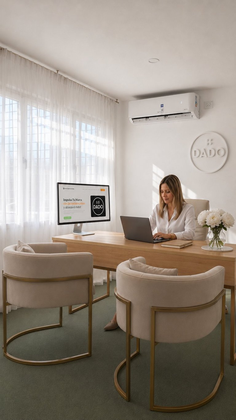 Woman working at desk in modern office with two cream chairs, monitor, laptop, and white flowers in contemporary interior